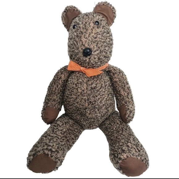 Vintage Handmade Teddy Bear | 30" Tall Curly Heather Brown Plush with Bow - Picture 4 of 11
